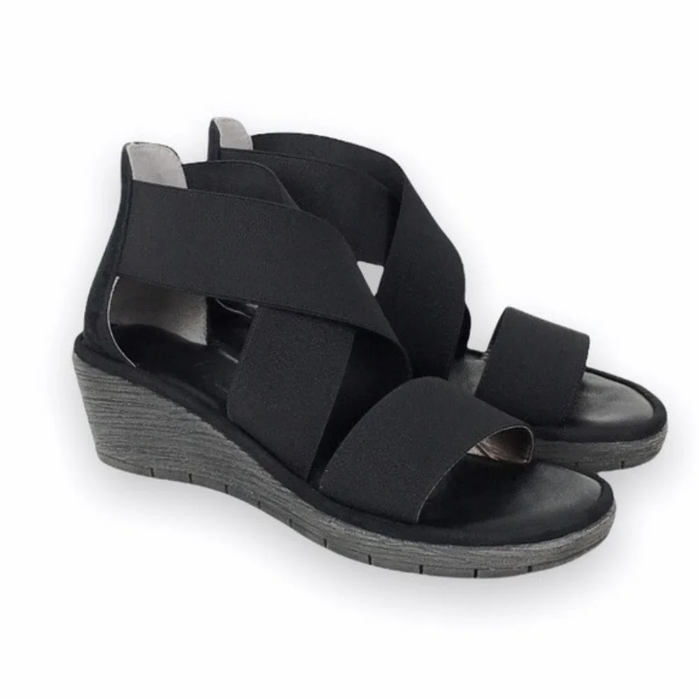 The Flexx Womens Size 6.5 Happy Daze Black Elastic Platform Wedge Sandals Shoes